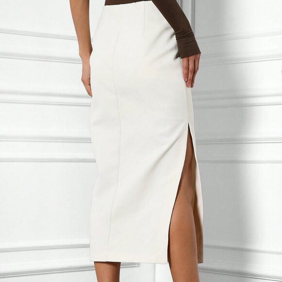 White Elegant Women's Tailored Side Slit Pencil Midi Skirt - Picture 4 of 5